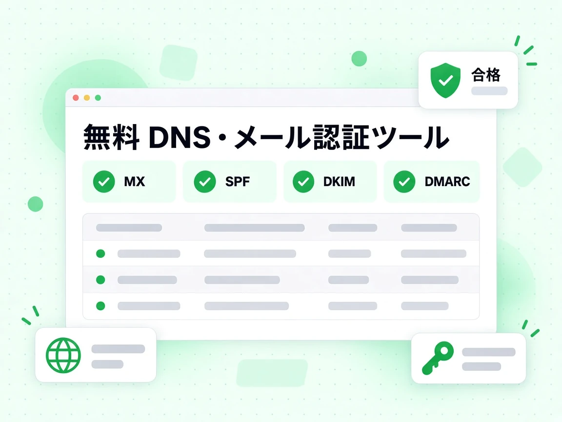 無料 DNS・メール認証ツールのグループは MX、SPF、DKIM、DMARC のタイルをすべて合格で示す