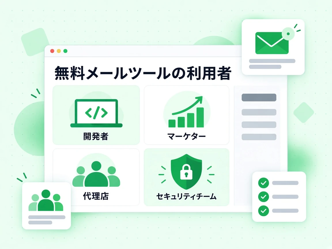 無料メールツールの利用者は開発者、マーケター、代理店、セキュリティチームをカードで示す