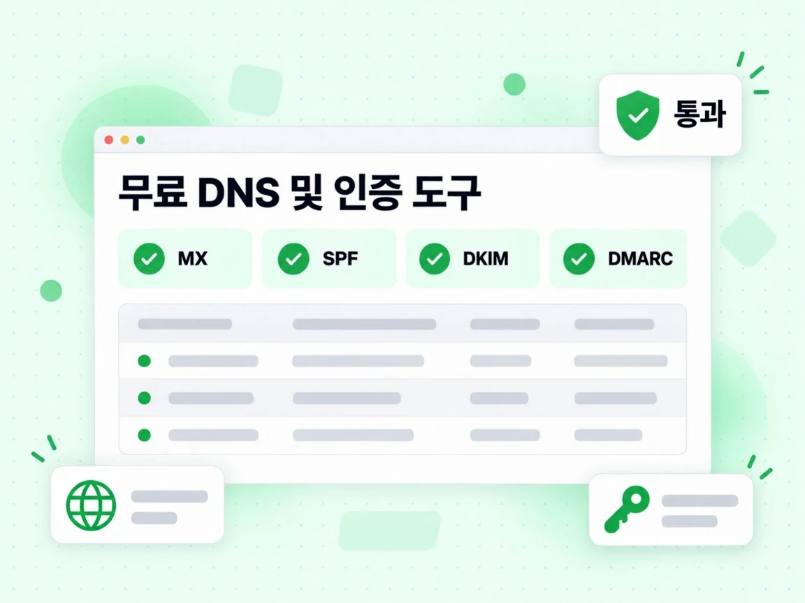 무료 DNS 및 인증 도구 그룹에 MX, SPF, DKIM, DMARC 타일이 표시됩니다