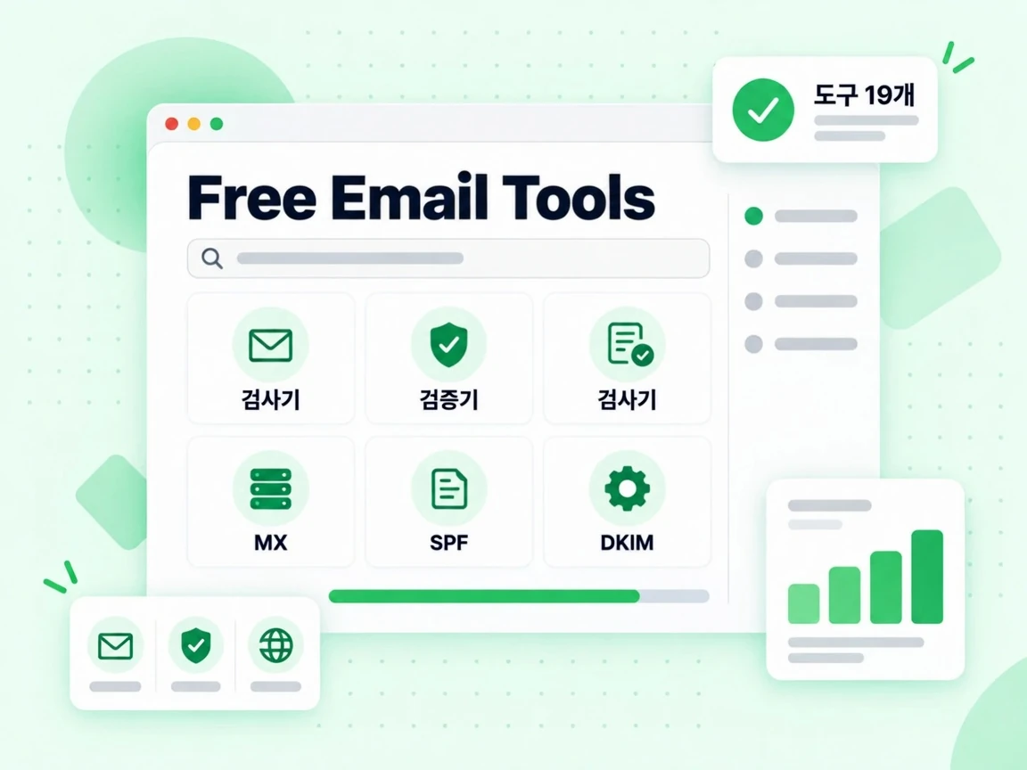 Free Email Tools 허브에 Email Checker, Email Verifier, Email Validator, MX, SPF, DKIM 타일이 있습니다
