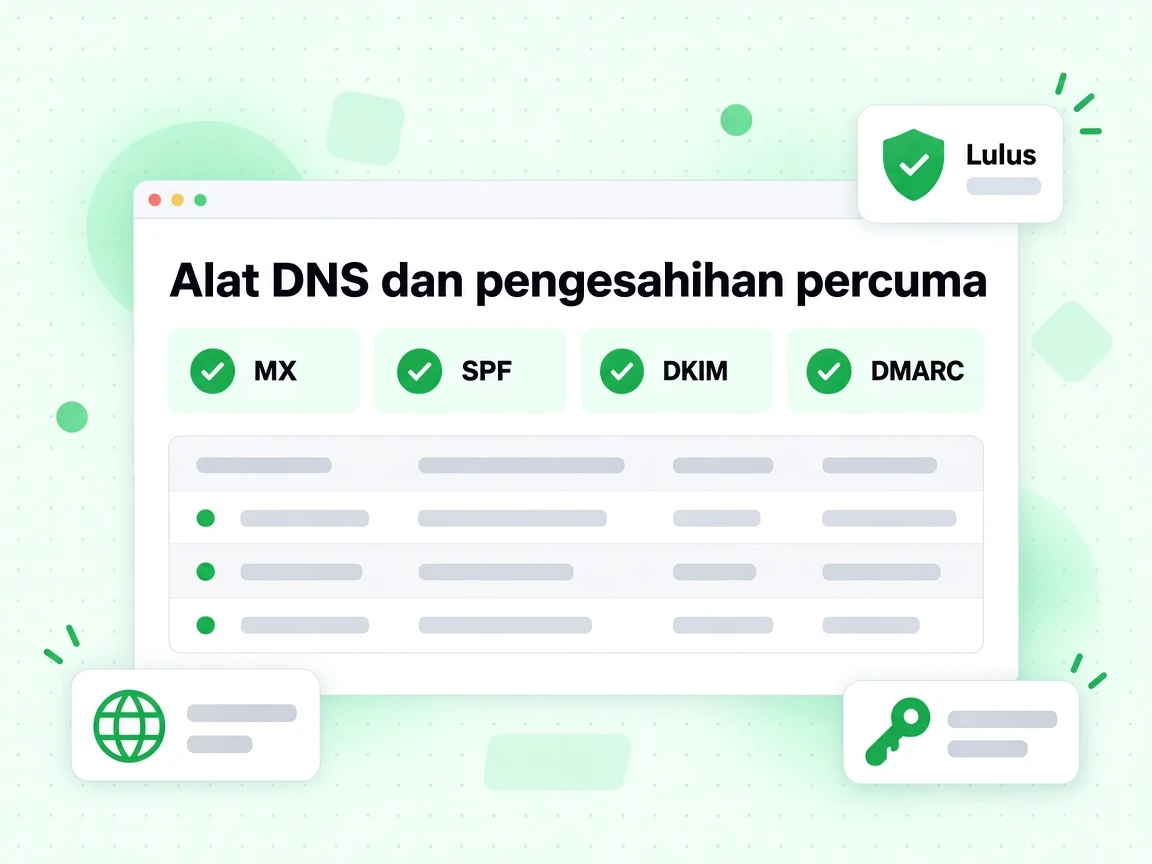 Alat DNS dan pengesahihan percuma: jubin MX, SPF, DKIM dan DMARC dengan tanda Lulus.