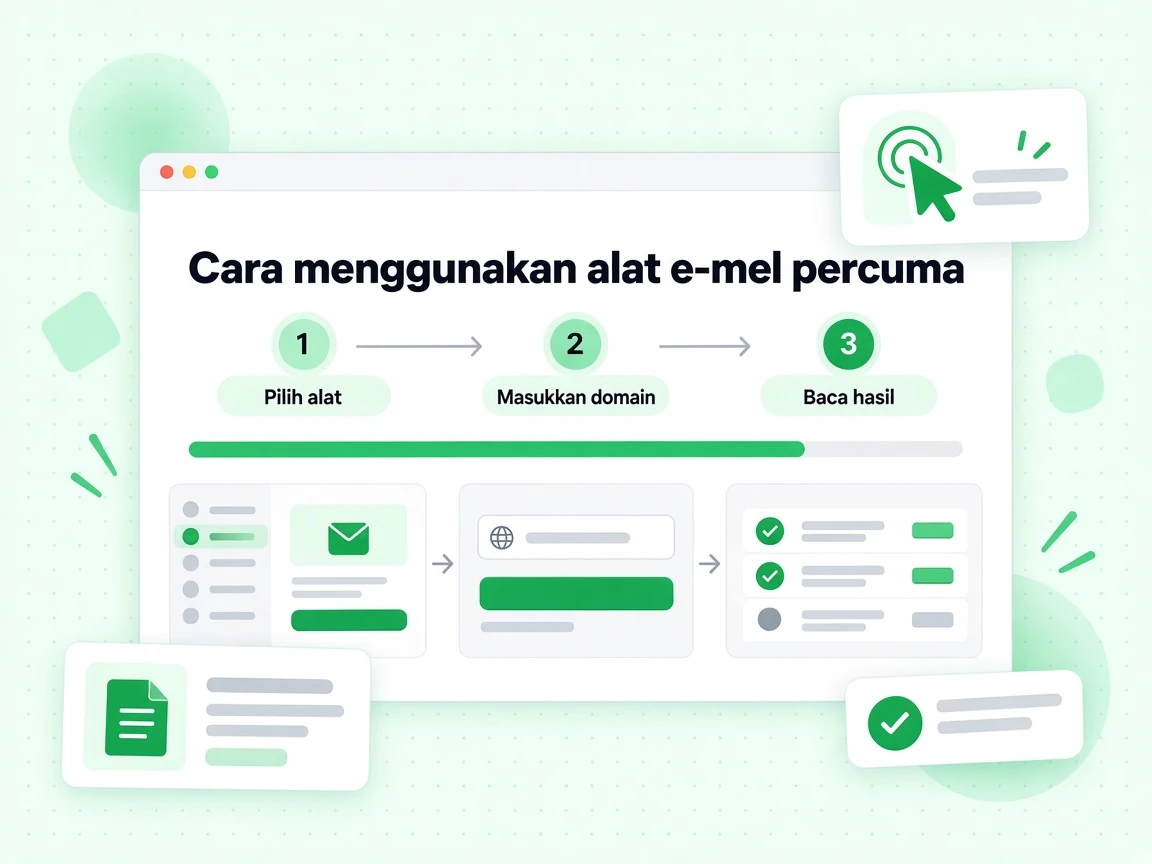 Cara menggunakan alat e-mel percuma dalam tiga langkah: Pilih alat, Masukkan domain, Baca hasil.