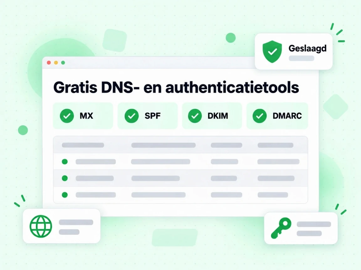 Gratis DNS- en authenticatietools groep met tegels voor MX, SPF, DKIM en DMARC