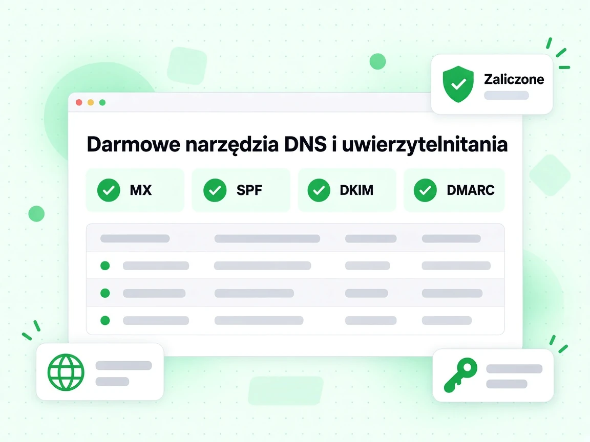Darmowe narzędzia DNS i uwierzytelniania: kafelki MX, SPF, DKIM i DMARC