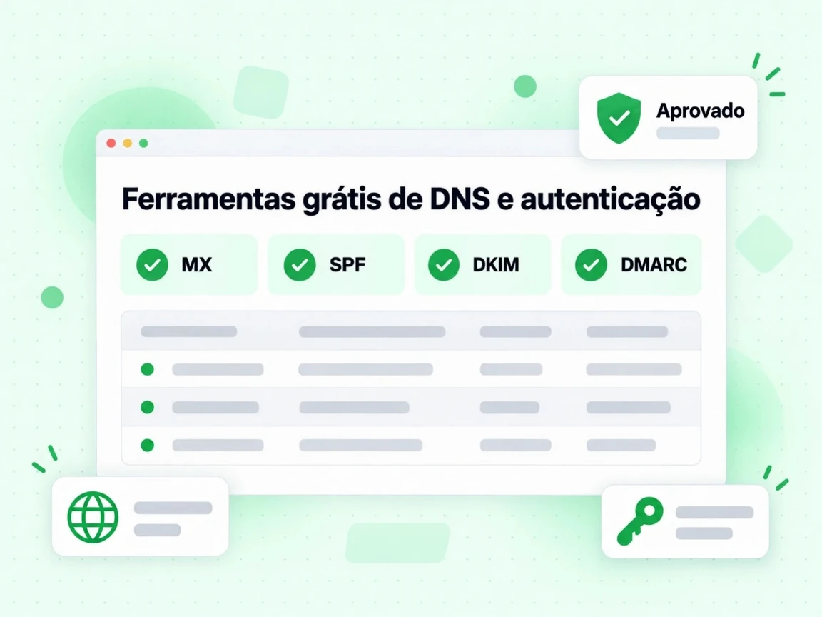 Ferramentas grátis de DNS e autenticação com blocos MX, SPF, DKIM e DMARC