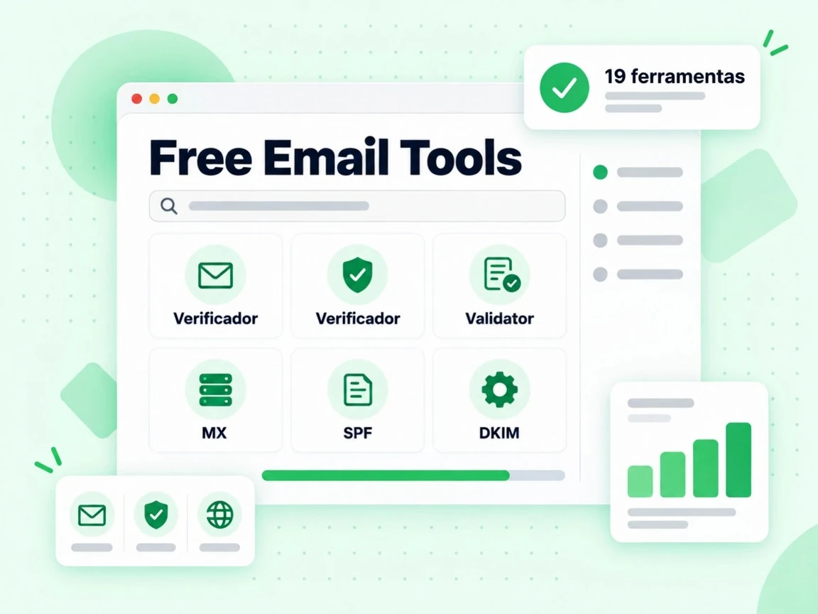 Central do Free Email Tools com blocos Verificador, Validador, MX, SPF e DKIM