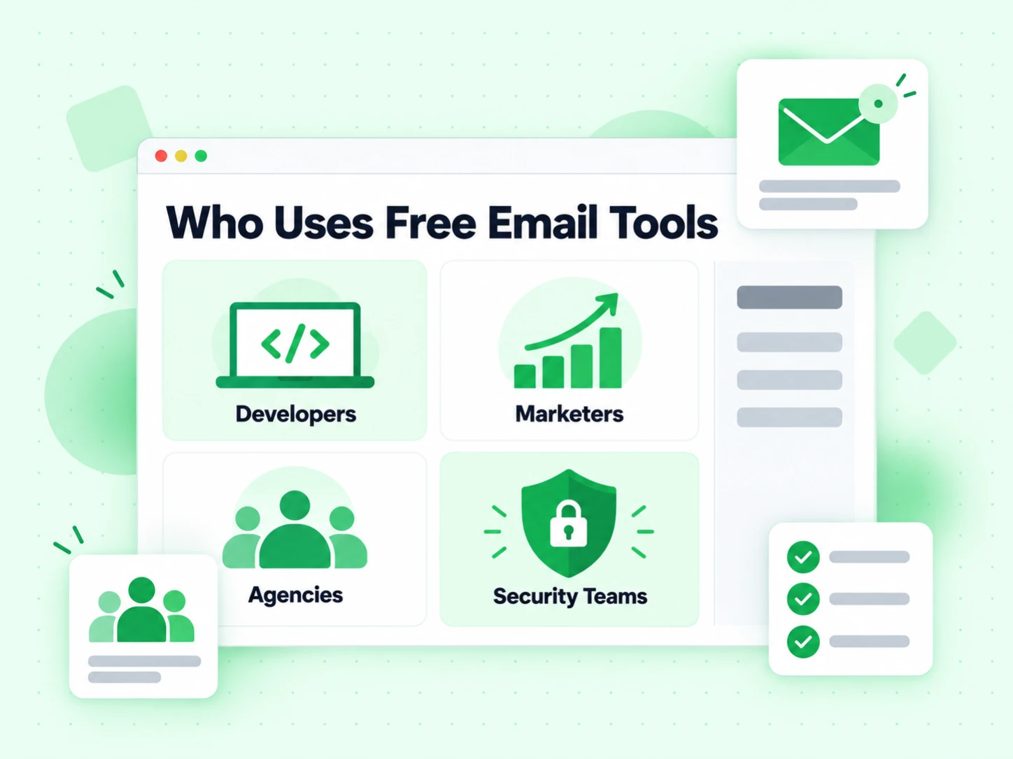 Who Uses Free Email Tools cards for developers, marketers, agencies, and security teams