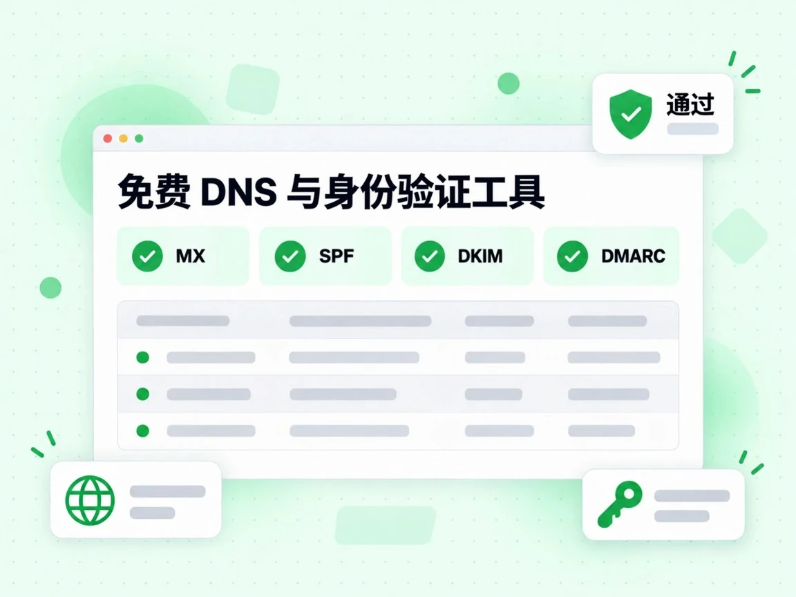 免费 DNS 与身份验证工具以磁贴列出 MX、SPF、DKIM 与 DMARC，并标出通过。