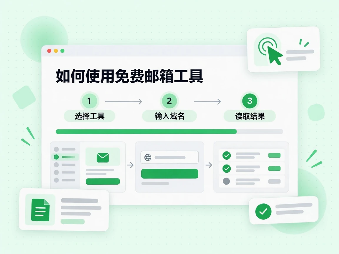 选择工具、输入域名、读取结果三步，说明如何使用免费邮箱工具。
