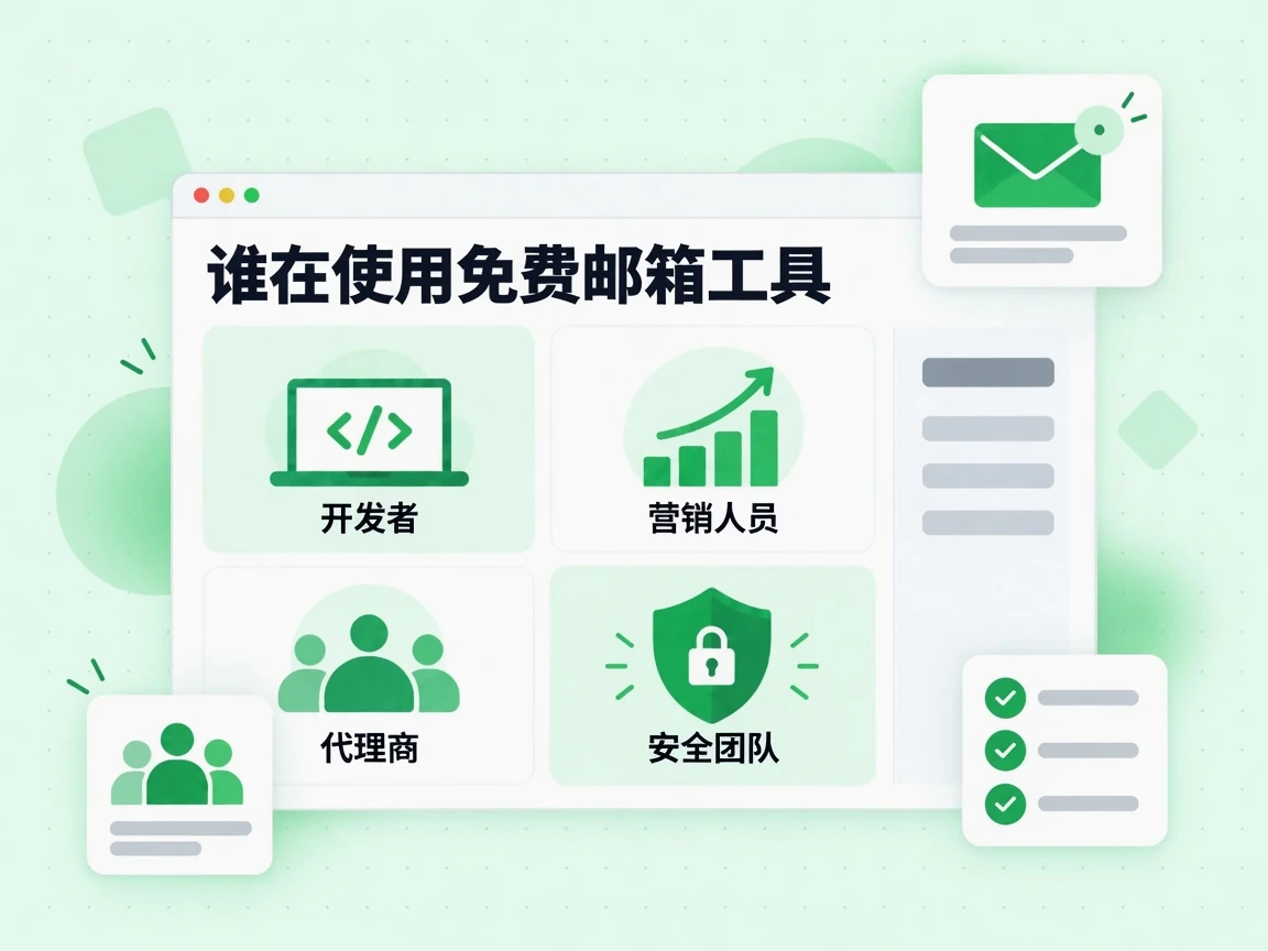 开发者、营销人员、代理商和安全团队四张卡片，说明谁在使用免费邮箱工具。