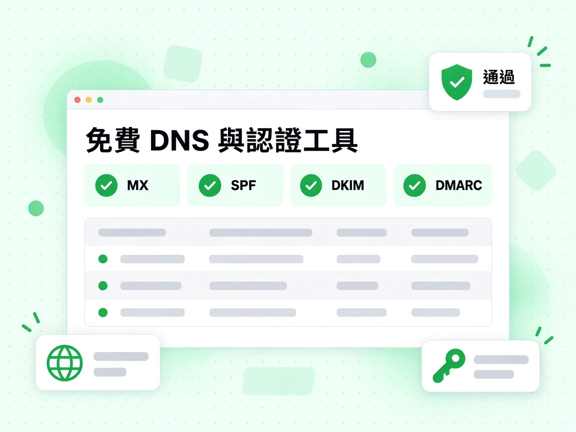 免費 DNS 與認證工具以磁貼列出 MX、SPF、DKIM 與 DMARC，並顯示通過。