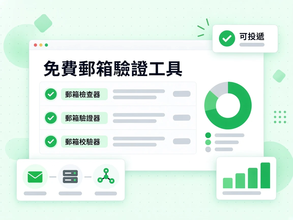 免費郵箱驗證工具以三列呈現郵箱檢查器、郵箱驗證器與郵箱校驗器，並標示可投遞。