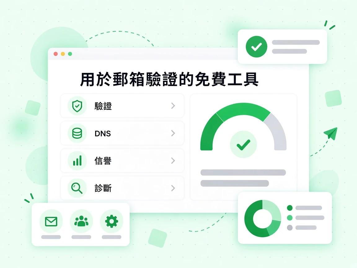 用於郵箱驗證的免費工具以四列說明驗證、DNS、信譽與診斷。