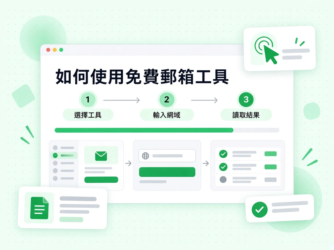 如何使用免費郵箱工具分為三步：選擇工具、輸入網域、讀取結果。
