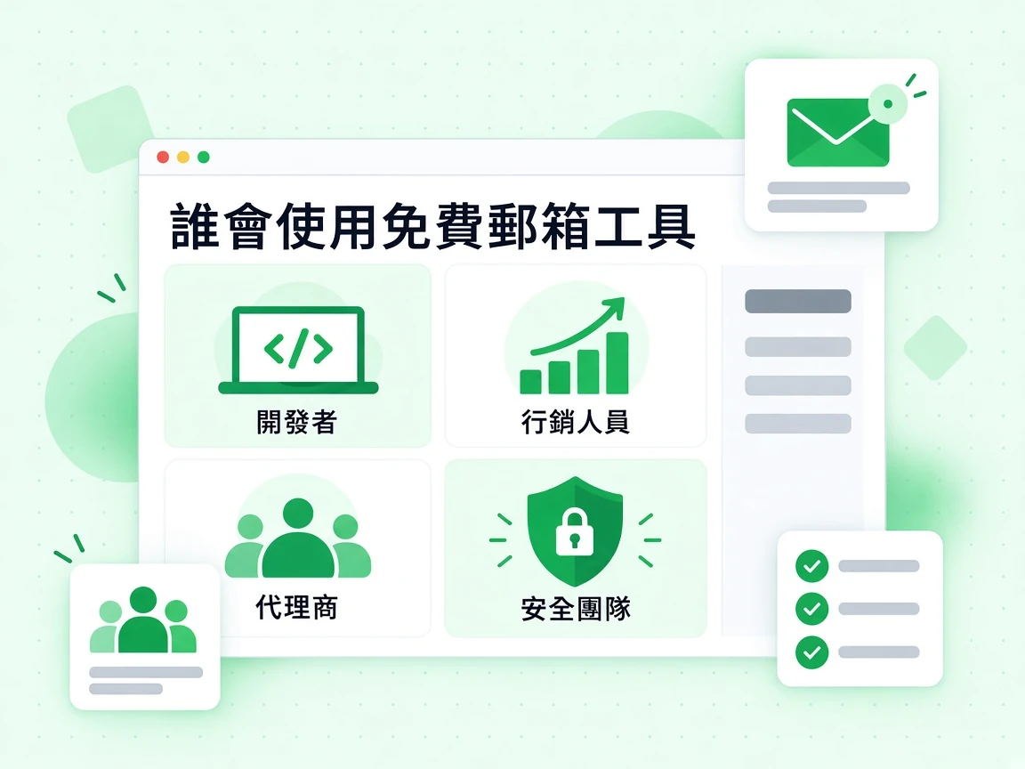 誰會使用免費郵箱工具以四張卡片呈現開發者、行銷人員、代理商與安全團隊。