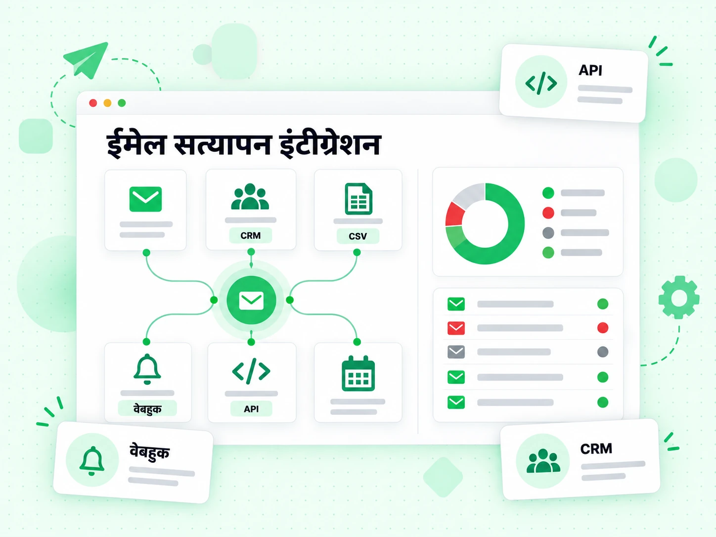 ईमेल सत्यापन इंटीग्रेशन ग्रिड API, वेबहुक, CRM और CSV इम्पोर्ट को जोड़ता है