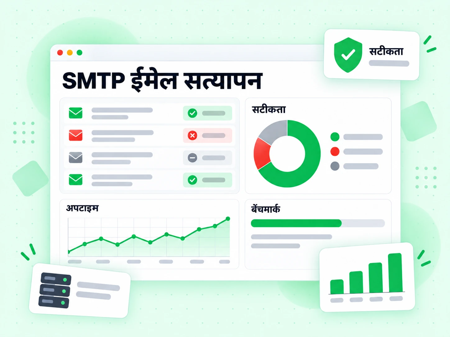 SMTP ईमेल सत्यापन बेंचमार्क सटीकता डोनट, अपटाइम ट्रेंड लाइन और नतीजों की तालिका के साथ