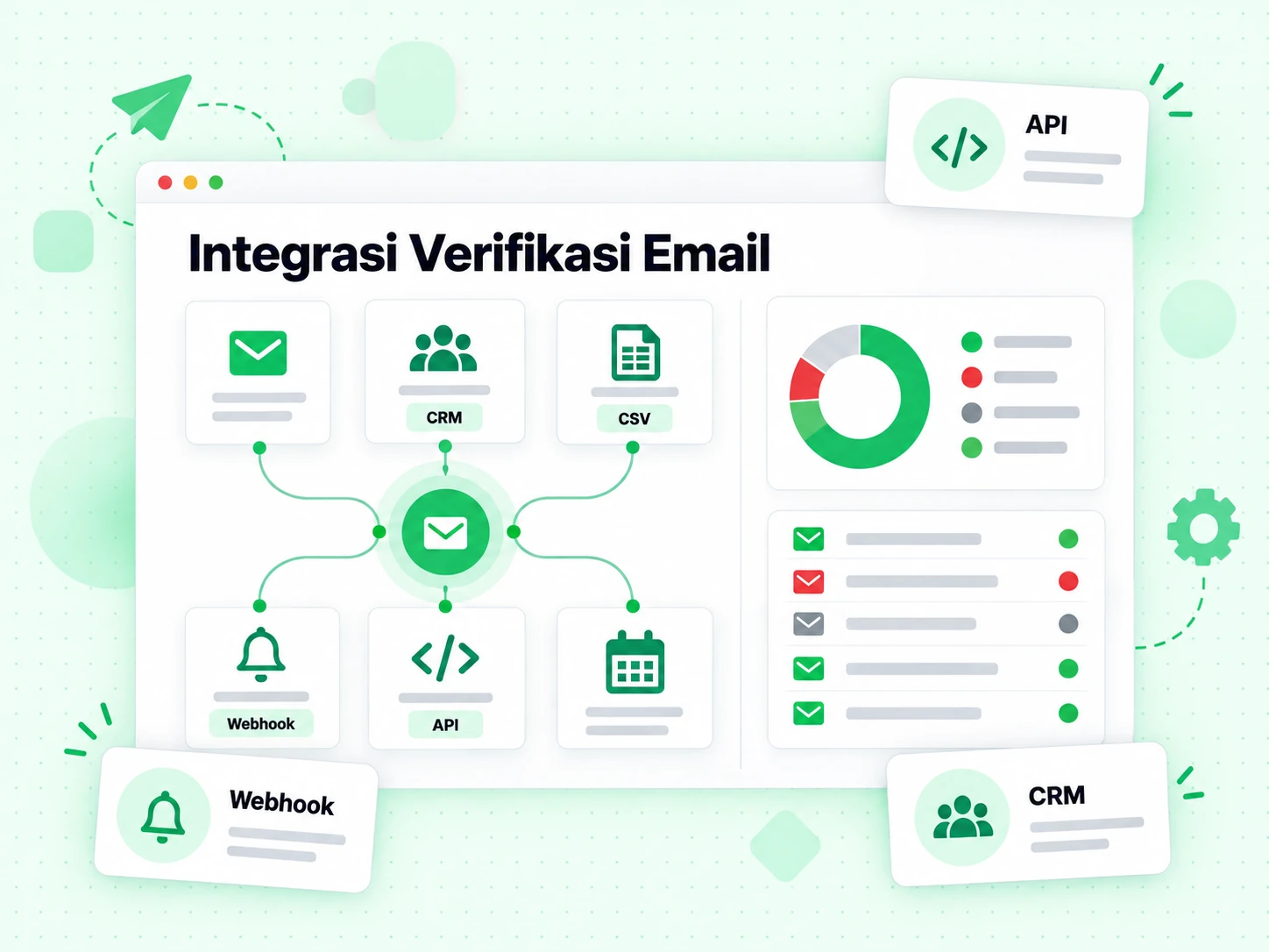 Integrasi Verifikasi Email: kisi menautkan API, webhook, CRM dan impor CSV