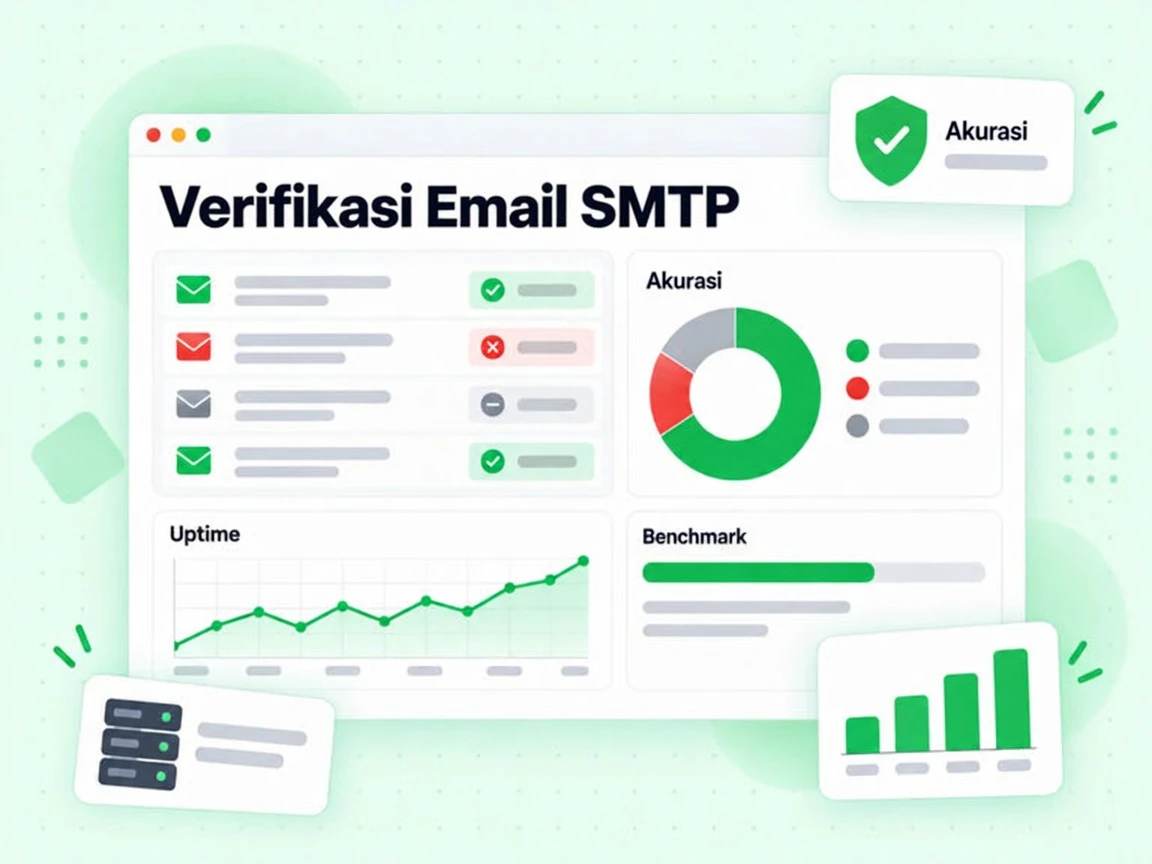 Verifikasi Email SMTP: tolok ukur dengan donat akurasi, garis tren uptime, dan tabel hasil