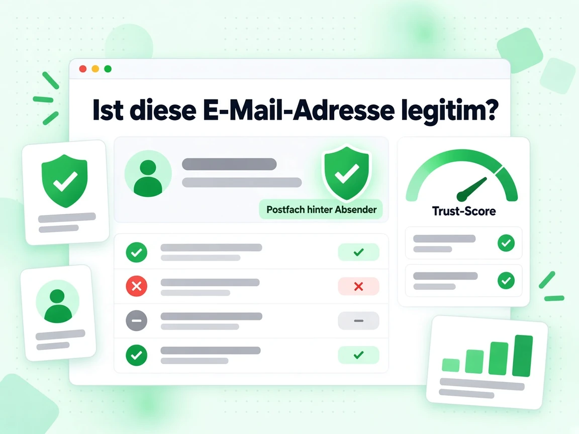 Ist diese E-Mail-Adresse legitim? als Absenderkarte mit Schild-Badge, Trust-Score-Anzeige und Prüfzeilen