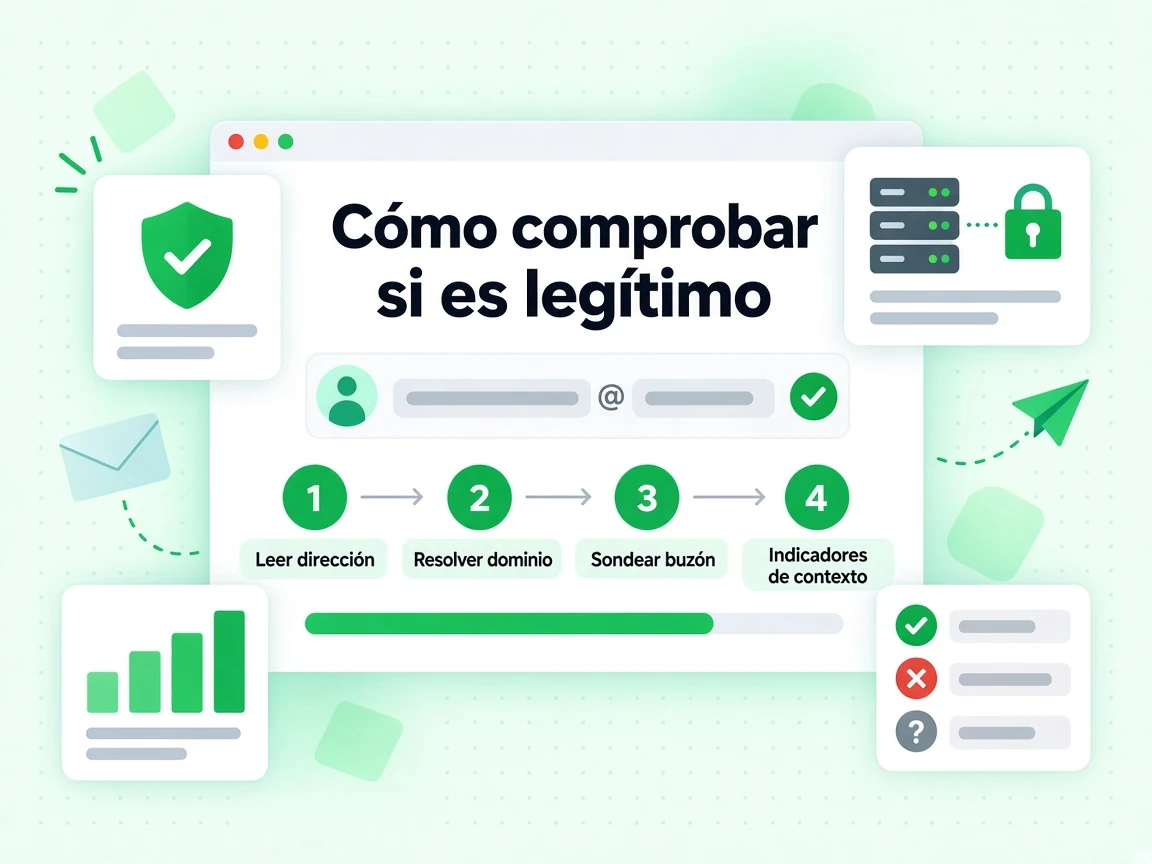 Cómo comprobar si es legítimo: Leer dirección, Resolver dominio, Sondear buzón e Indicadores de contexto
