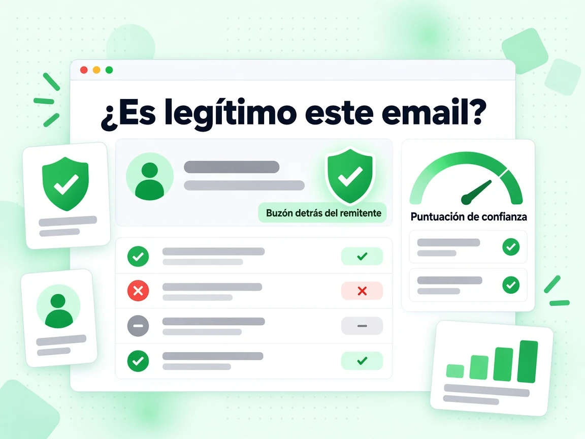 ¿Es legítimo este email? mostrado con un escudo, un medidor de Puntuación de confianza y filas de resultado