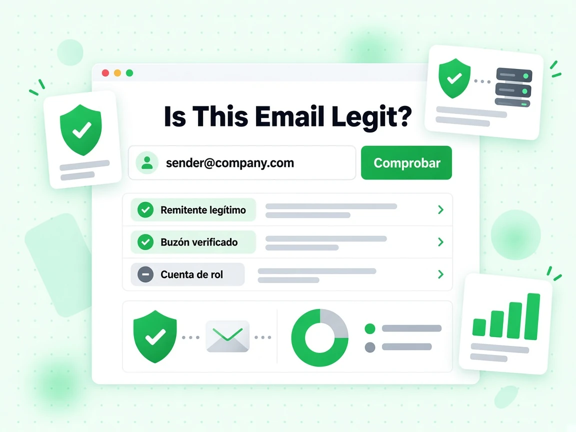 Is This Email Legit? con campo del remitente y resultados Remitente legítimo, Buzón verificado y Cuenta de rol