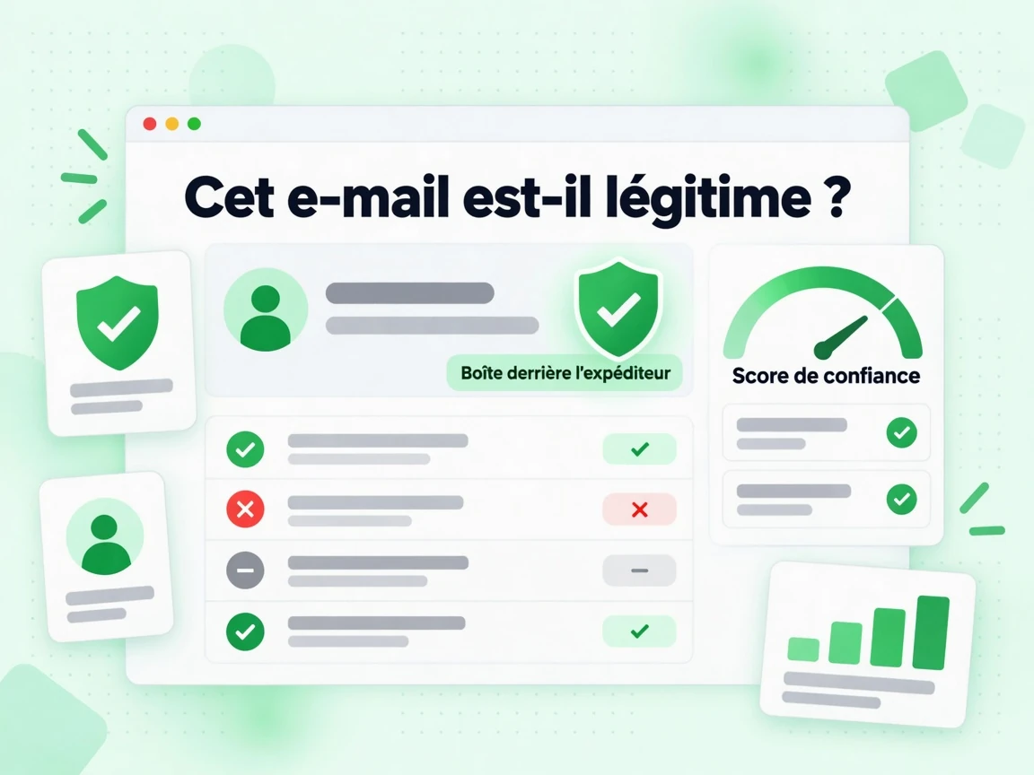 Cet e-mail est-il légitime ? : interface avec Boîte derrière l'expéditeur, Score de confiance, ct9V'1\\ΣyQuݑ#