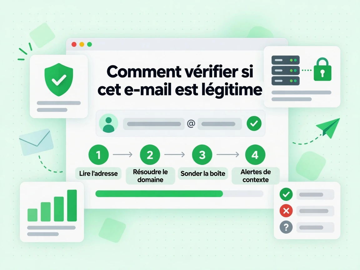 Comment vérifier si cet e-mail est légitime : interface avec Lire l'adresse, Résoudre le domaine, Sonder la boîte