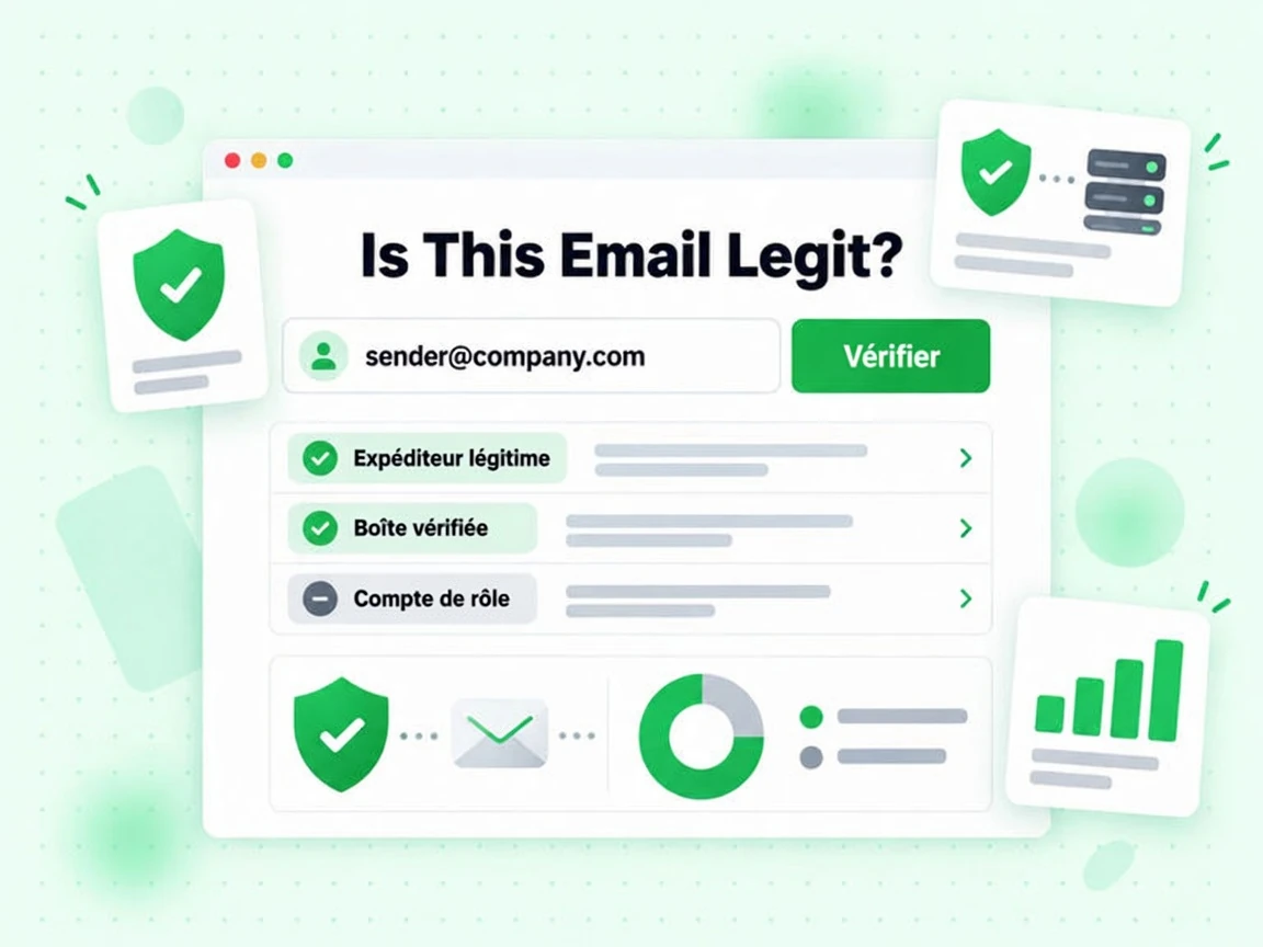 Is This Email Legit? : interface avec Vérifier, Expéditeur légitime, Boîte vérifiée, Compte de rôle, :Cc.'o
