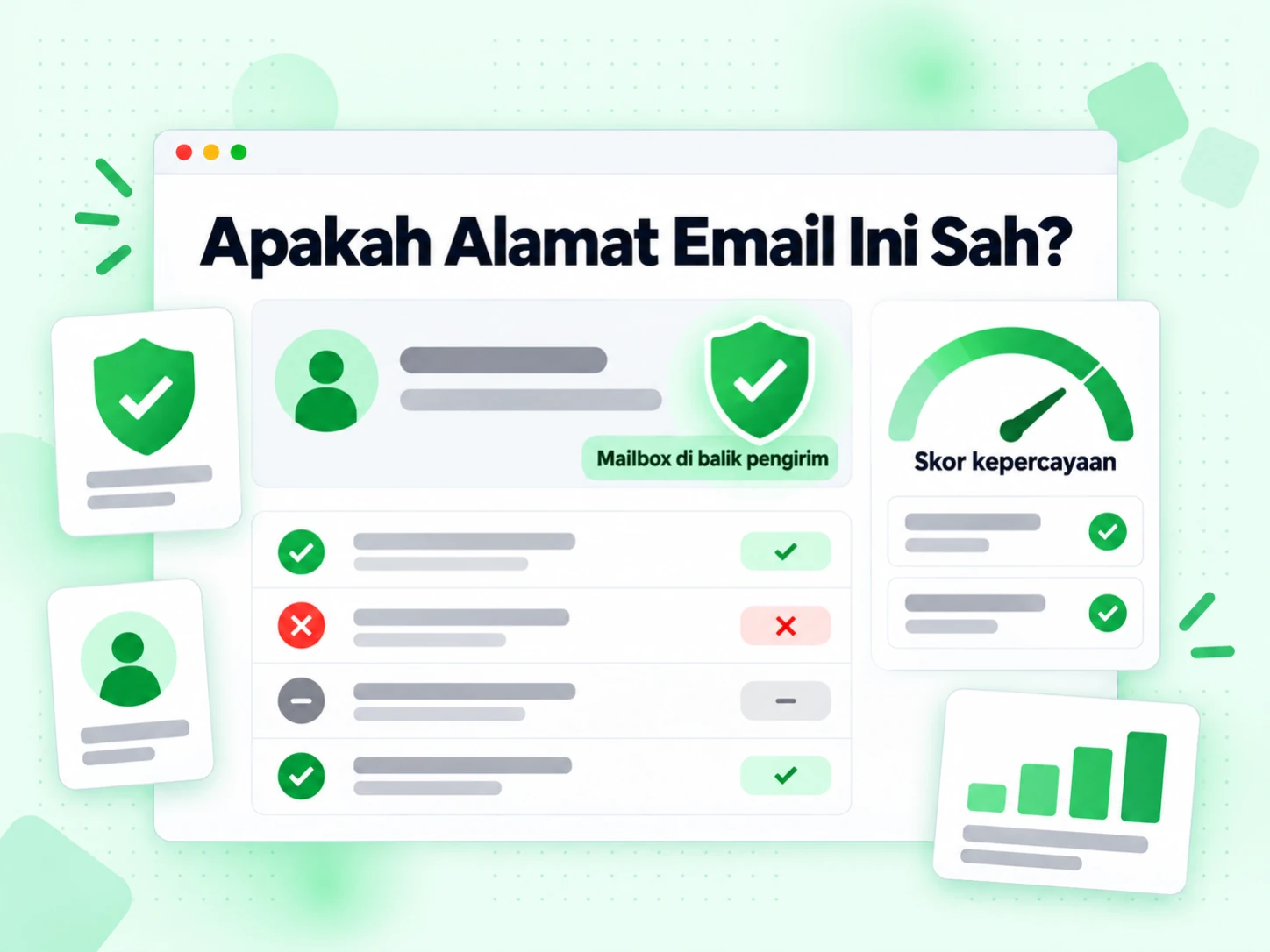 Apakah Alamat Email Ini Sah? sebagai kartu pengirim dengan badge perisai, meter skor kepercayaan dan baris lolos atau gagal