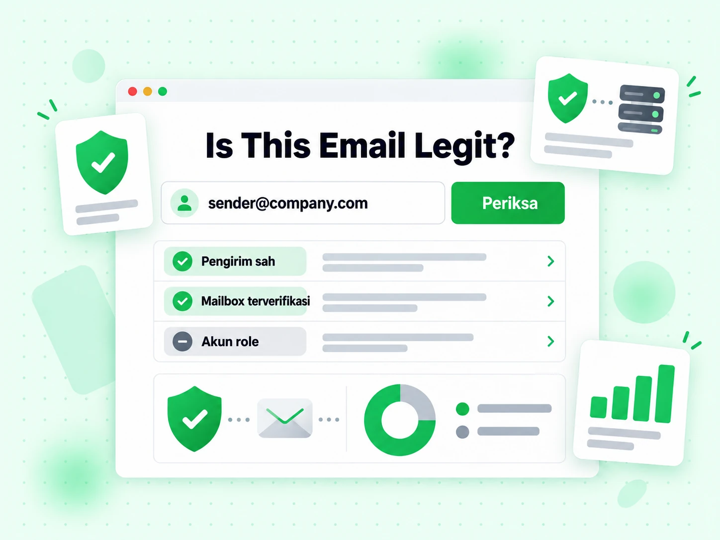 Is This Email Legit?: formulir dengan input alamat pengirim dan hasil pengirim sah serta mailbox terverifikasi