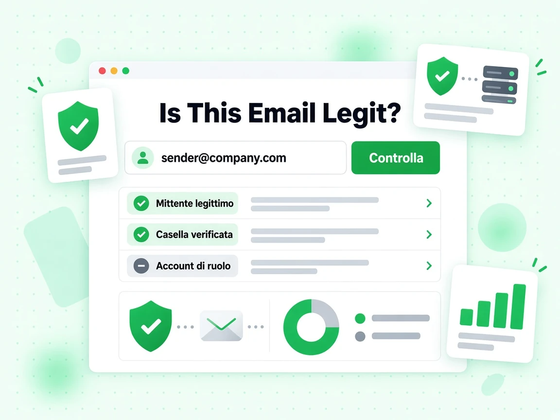Is This Email Legit? con un mittente inserito ed esiti Mittente legittimo e Casella verificata.