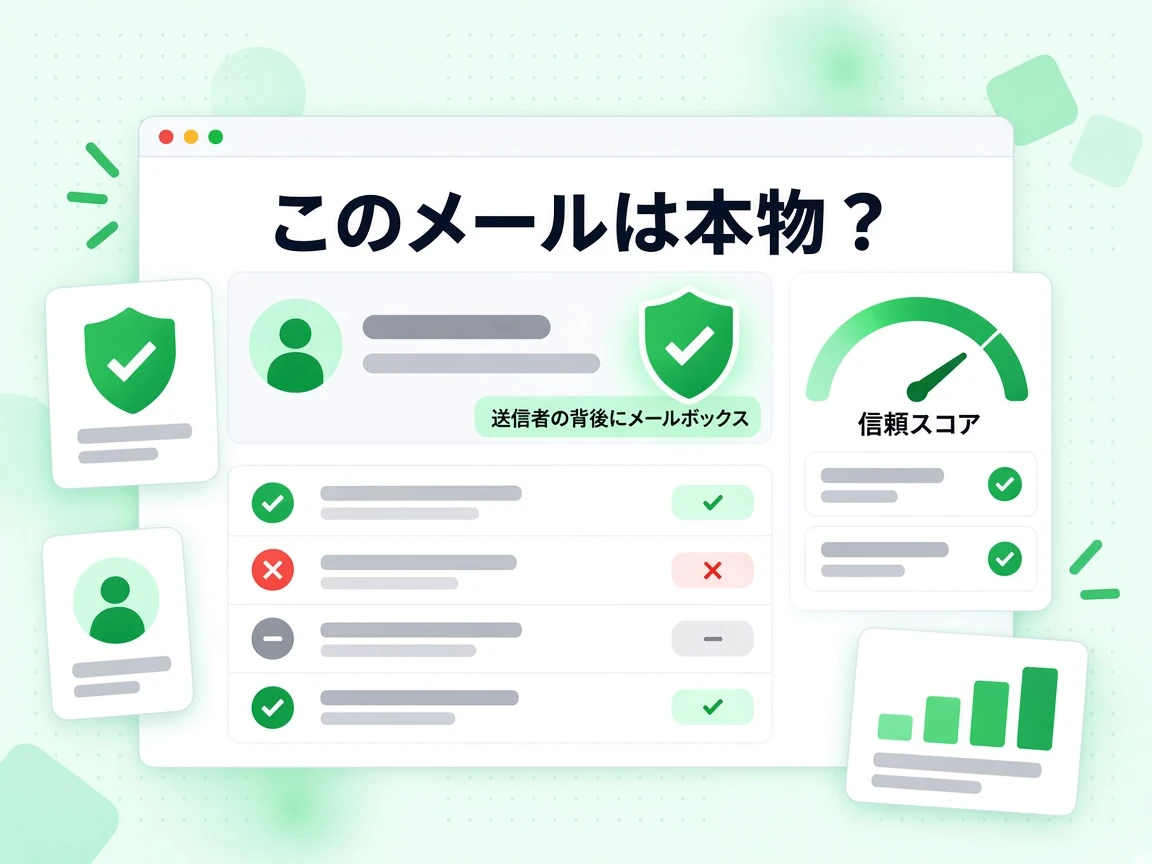 このメールは本物？の送信者カードに盾バッジ、信頼スコアのゲージ、合否の行と、送信者の背後にメールボックスがある。