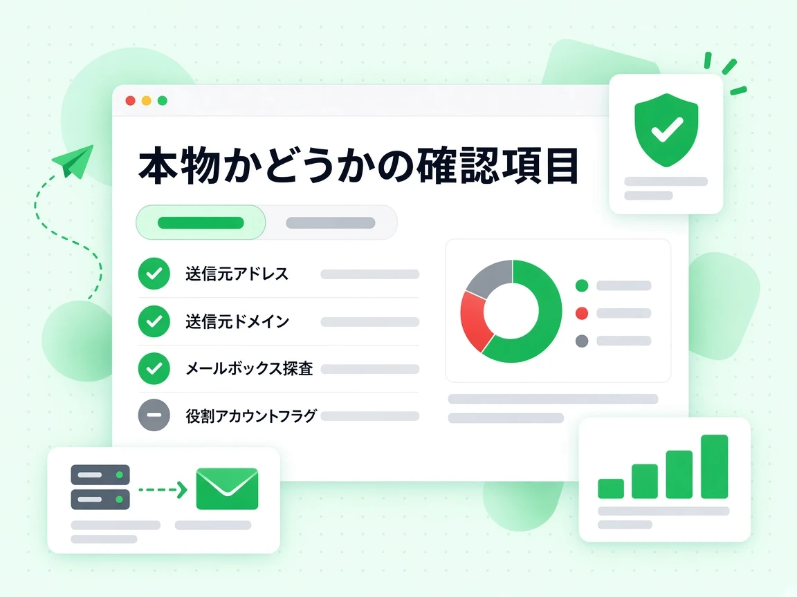 本物かどうかの確認項目に送信元アドレス、送信元ドメイン、メールボックス探査と灰色の役割アカウントフラグが並ぶ。