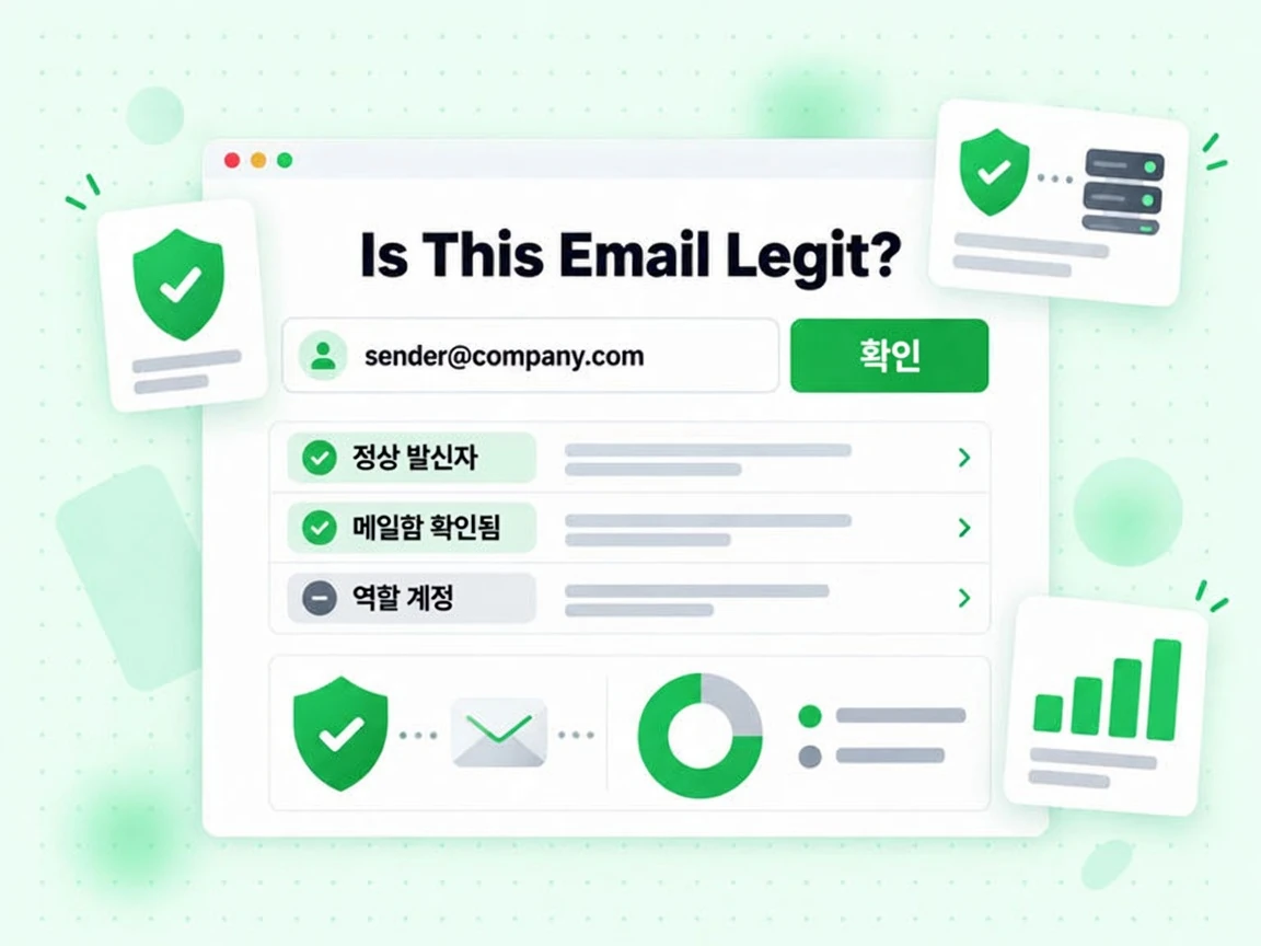 Is This Email Legit? 양식에 발신자 주소 입력란과 정상 발신자, 확인된 메일함, 회색 역할 계정 결과가 있습니다