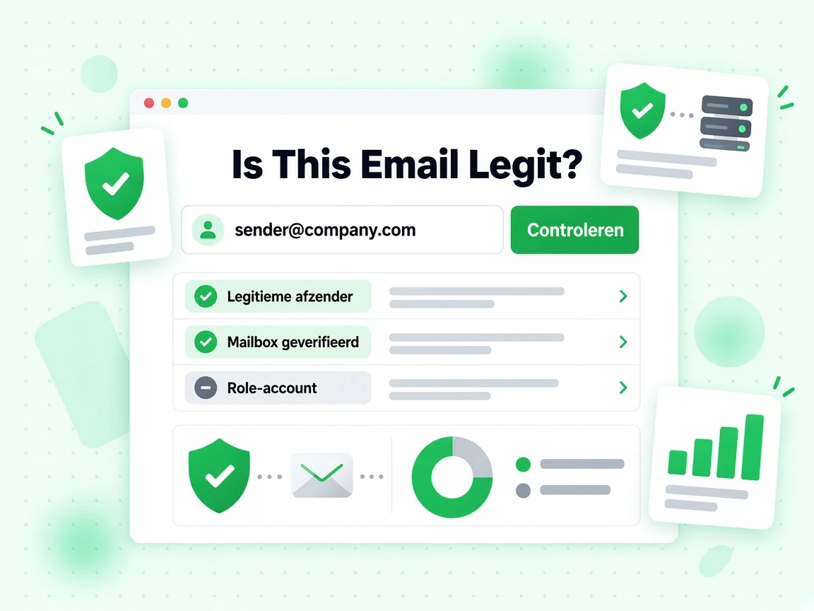 Is This Email Legit? formulier met een afzenderadresinvoer en de resultaten Legitieme afzender en Mailbox geverifieerd