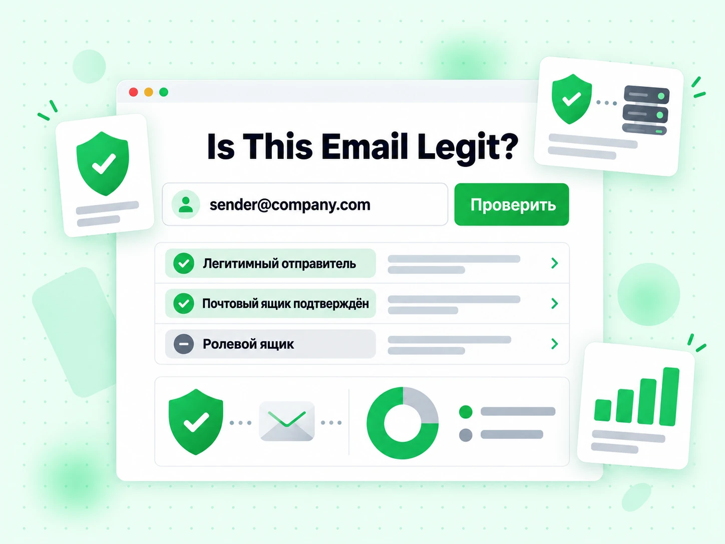 Is This Email Legit?: форма с полем адреса отправителя и результатами Legit sender, Mailbox verified и Role account