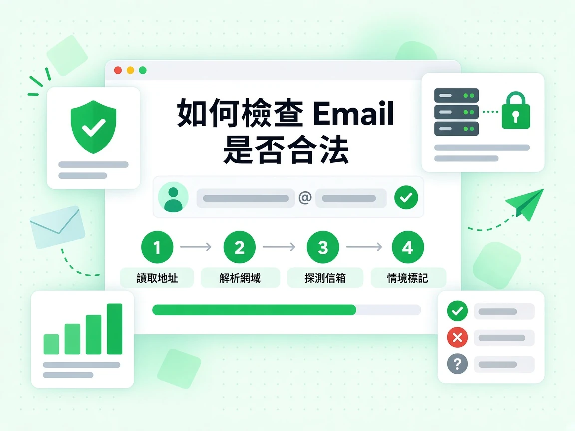 如何檢查 Email 是否合法，以四個步驟呈現，從讀取地址、解析網域、探測信箱到情境標記。