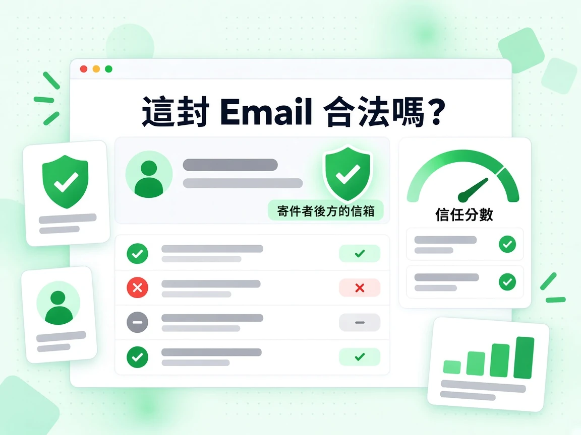 這封 Email 合法嗎？以寄件者卡片呈現，含盾牌徽章與信任分數儀表，並為寄件者後方的信箱列出通過或失敗。