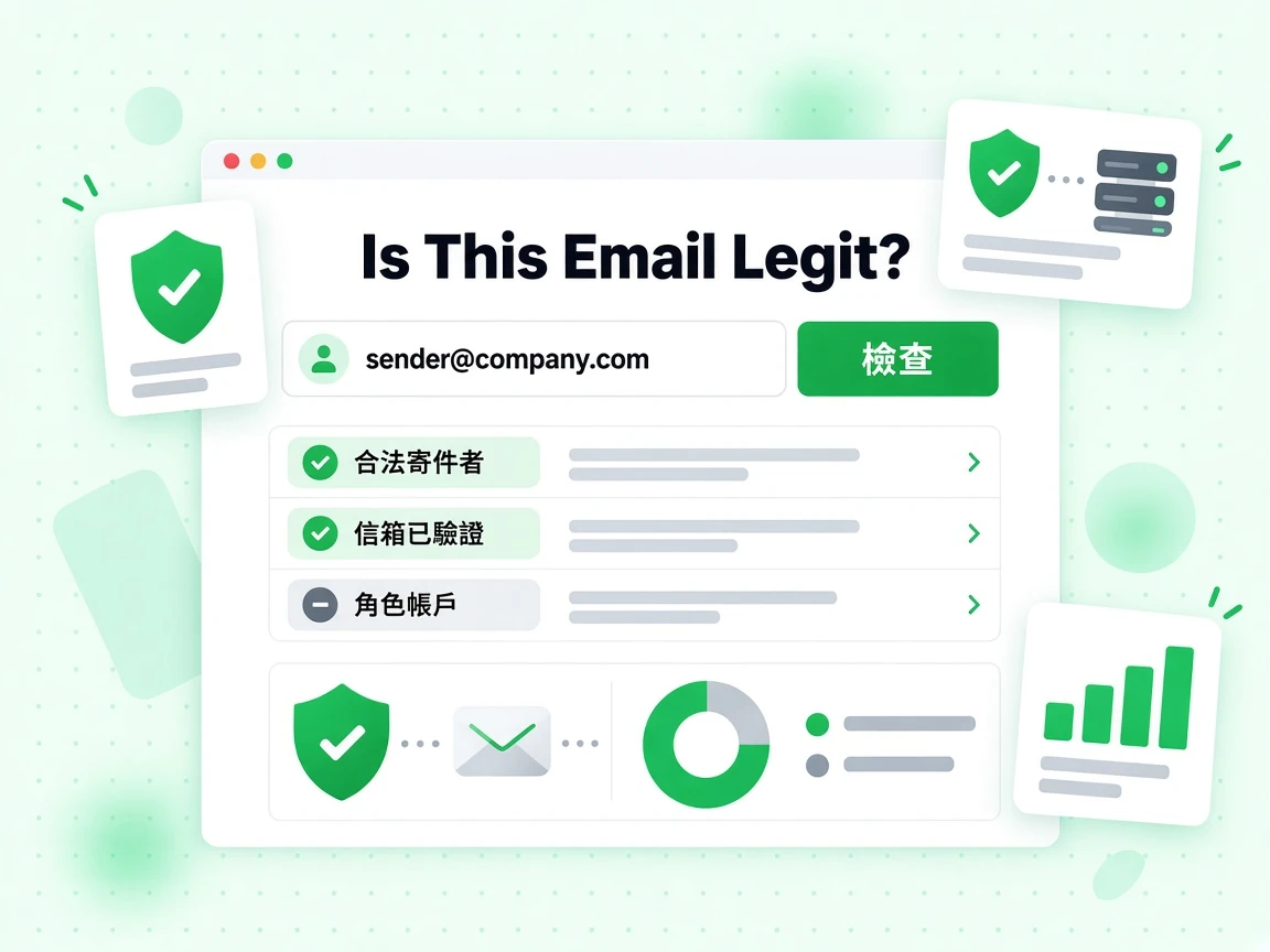 Is This Email Legit? 表單含寄件者地址輸入與檢查按鈕，並顯示合法寄件者、信箱已驗證與灰色角色帳戶結果。
