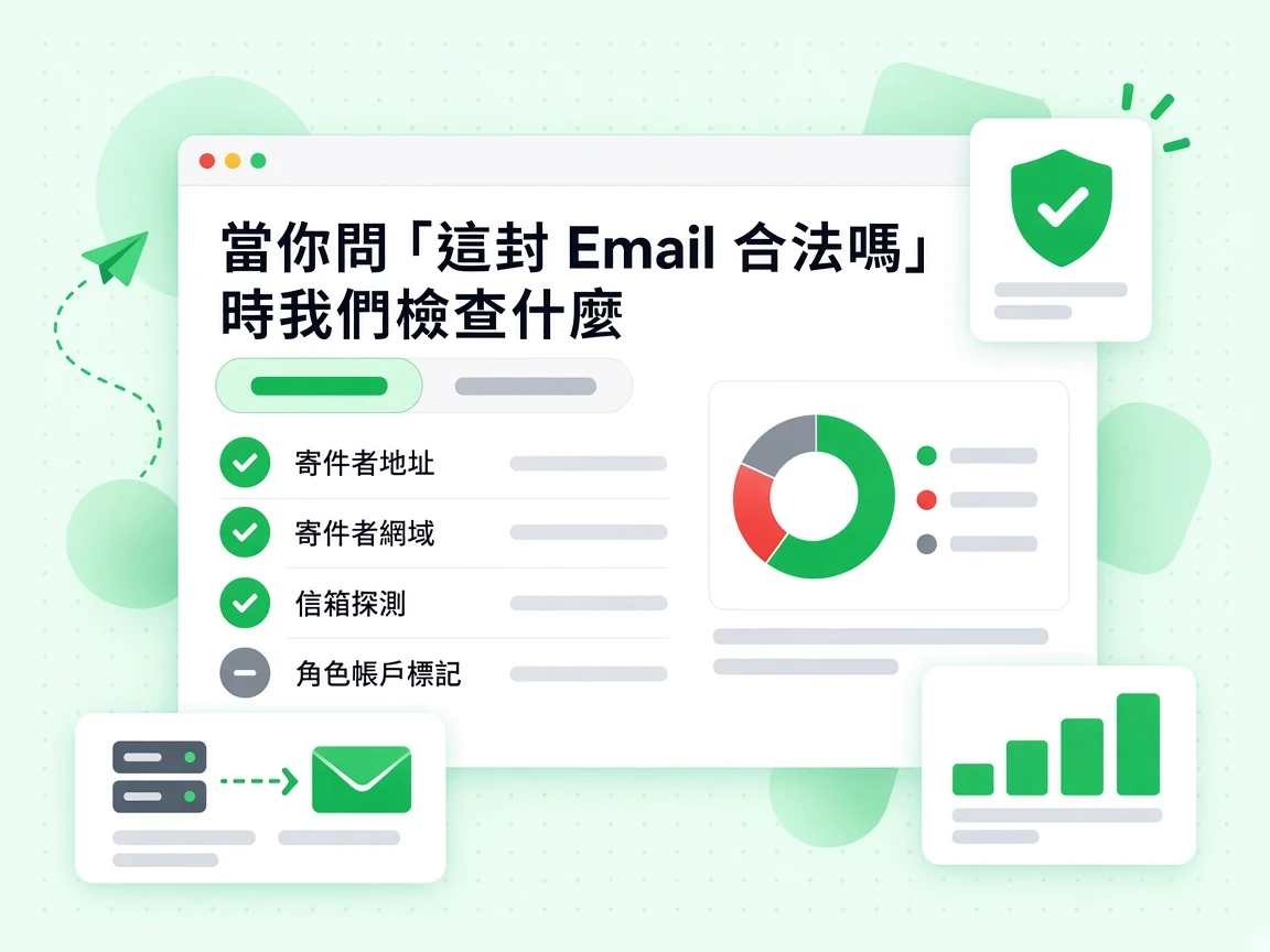 當你問「這封 Email 合法嗎」時我們檢查什麼，列出寄件者地址、寄件者網域、信箱探測與灰色角色帳戶標記。