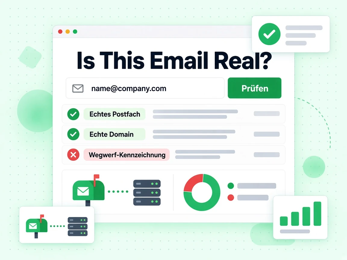 Is This Email Real?-Formular mit E-Mail-Feld und Echtes Postfach-, Echte Domain- und Wegwerf-Kennzeichnung