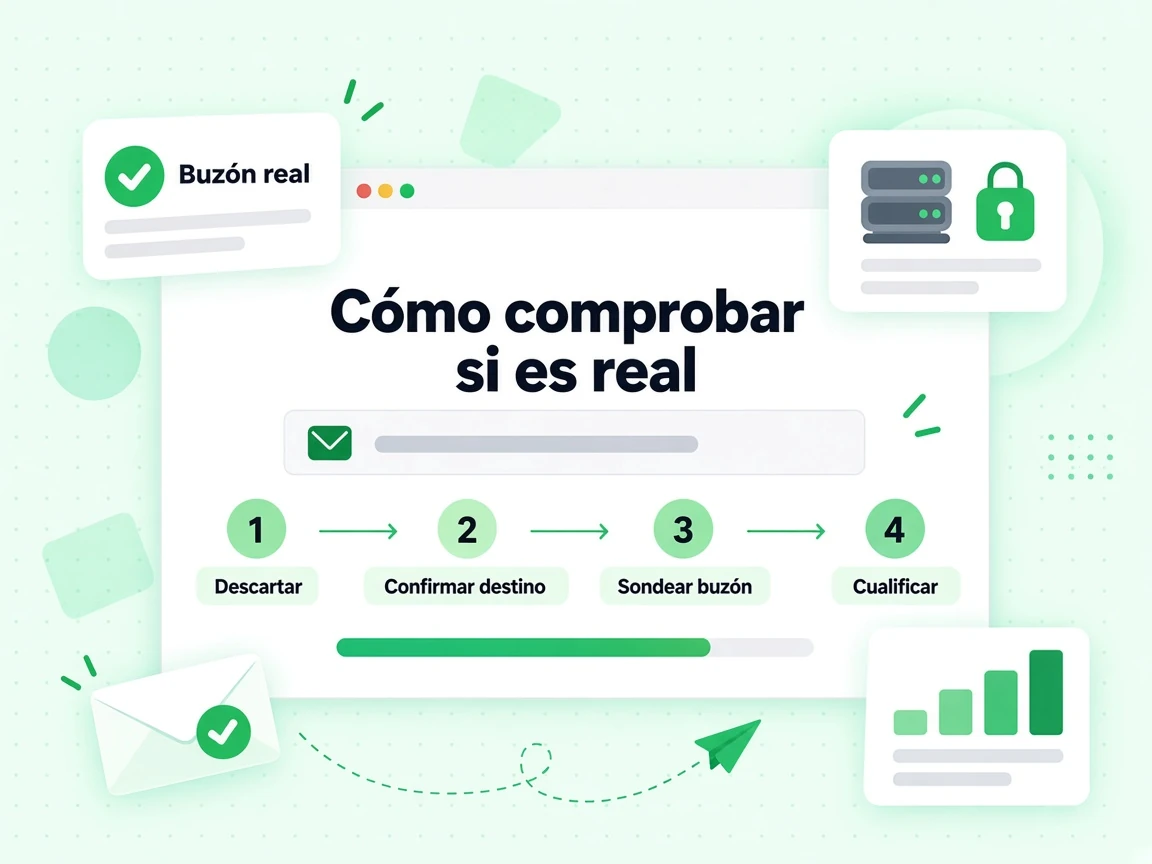 Cómo comprobar si es real en cuatro pasos: Descartar, Confirmar destino, Sondear buzón y Cualificar Buzón real
