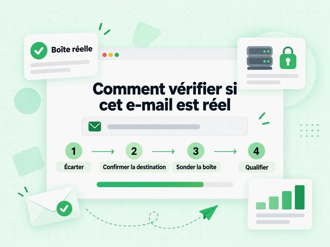 Comment vérifier si cet e-mail est réel : interface avec Écarter, Confirmer la destination, Sonder la boîte, Qualifier