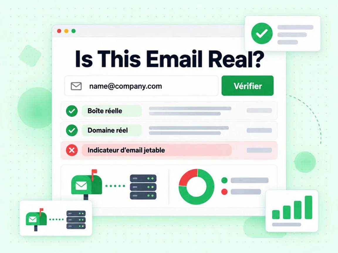 Is This Email Real? : interface avec Vérifier, Boîte réelle, Domaine réel, Indicateur d'email jetable, d$
WBDŅ