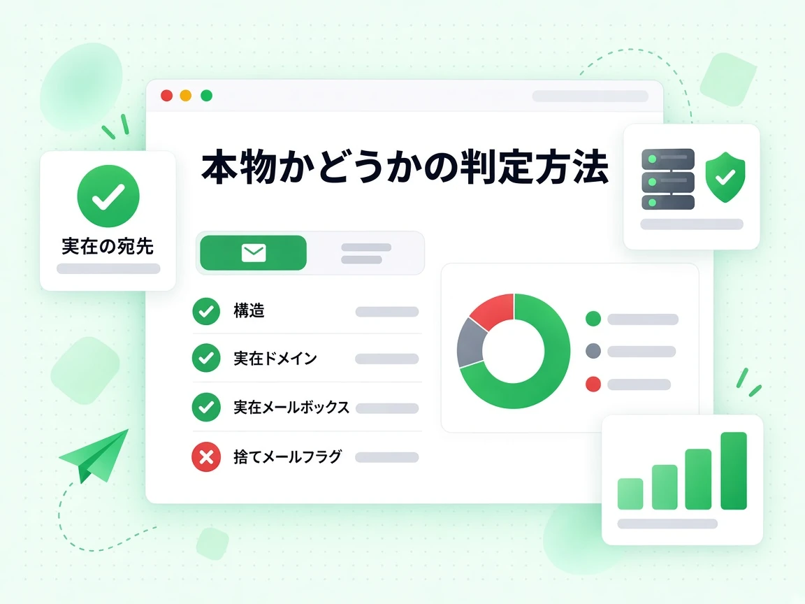 本物かどうかの判定方法に構造、実在ドメイン、実在メールボックス、赤い捨てメールフラグと実在の宛先が並ぶ。