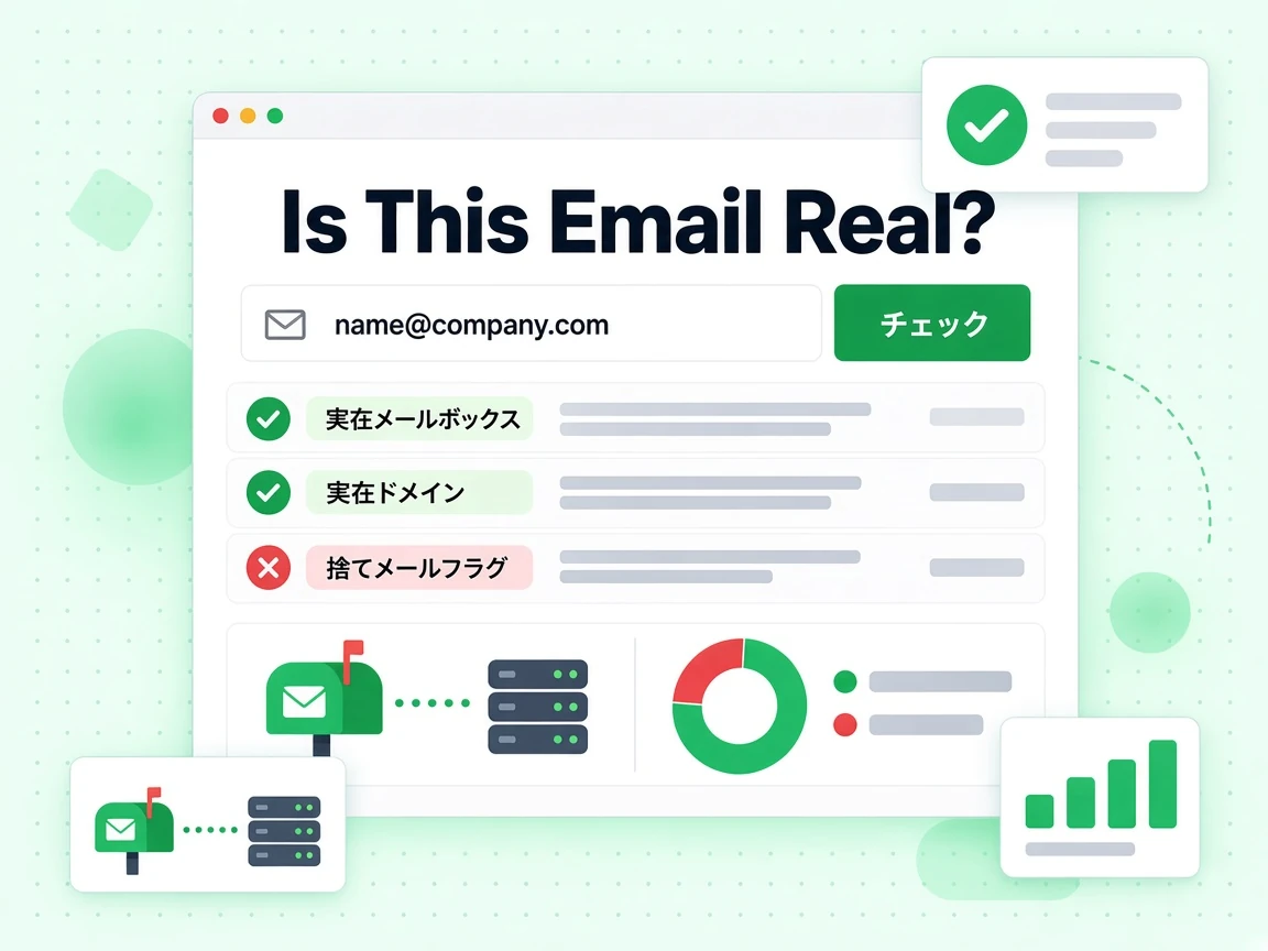 Is This Email Real? のフォームにメール入力とチェックがあり、実在メールボックス、実在ドメイン、捨てメールフラグが出る。