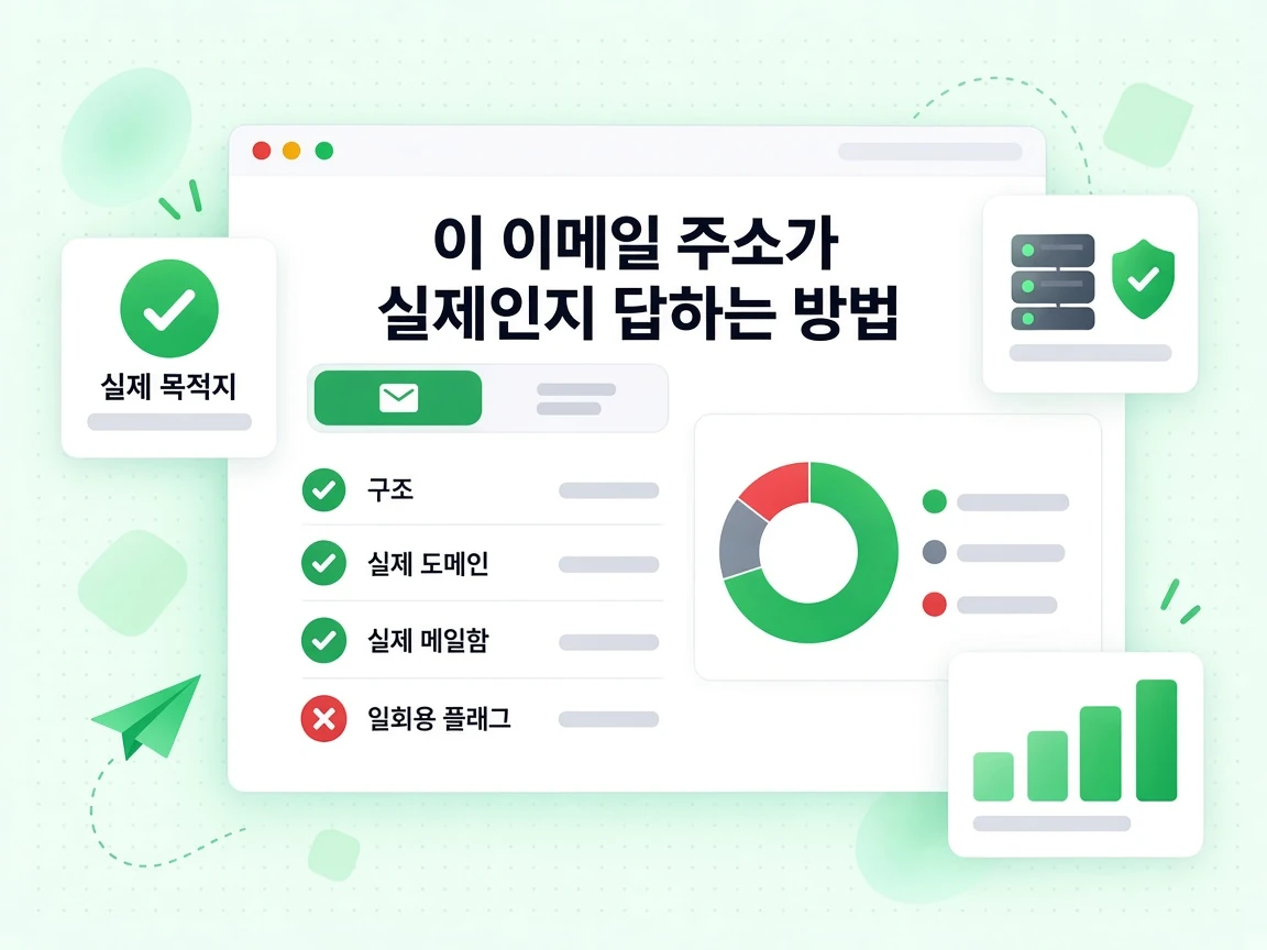 구조, 실제 도메인, 실제 사서함과 빨간 일회용 플래그를 나열한, 이 이메일 주소가 실제인지 답하는 방법