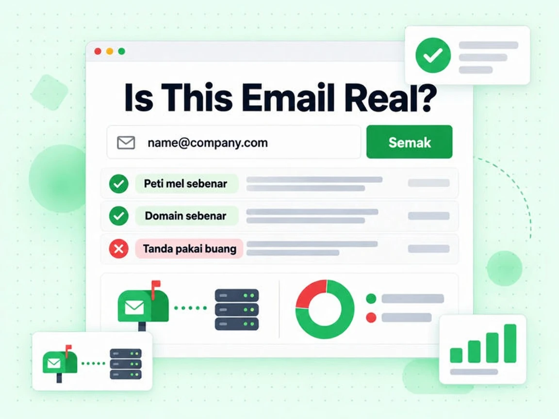 Is This Email Real? dengan e-mel dimasukkan serta hasil Peti mel sebenar dan Tanda pakai buang.